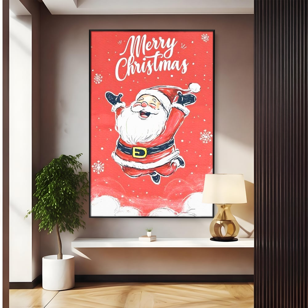 Tablou canvas cu ilustratie cu mos craciun zambind, in rama de aluminiu negru